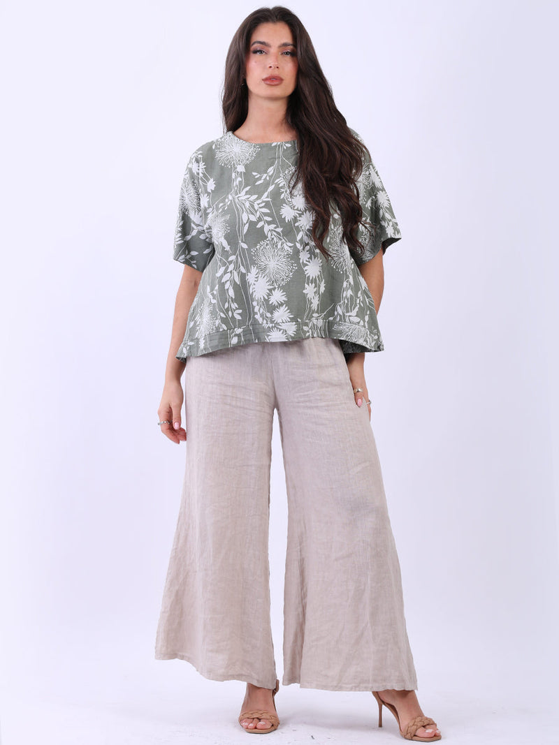 Floral Linen Crop Top Khaki
