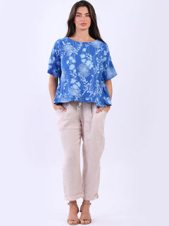 Floral Linen Crop Top Royal Blue