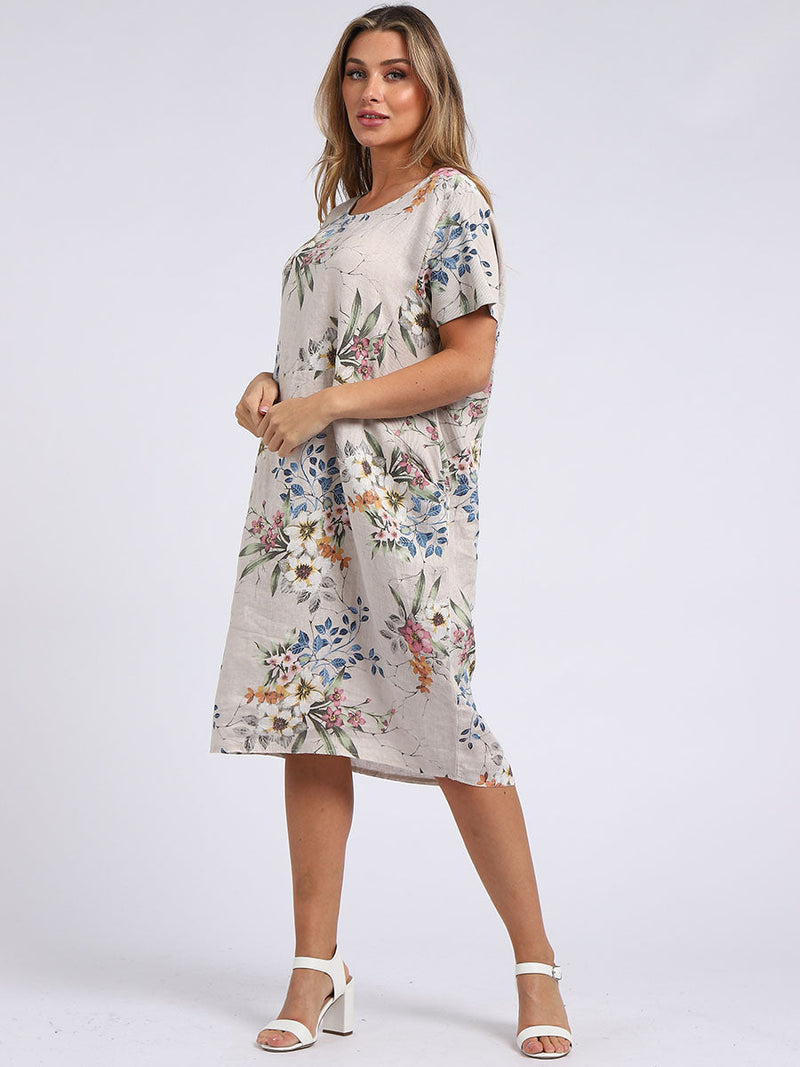Floral Linen Dress Beige