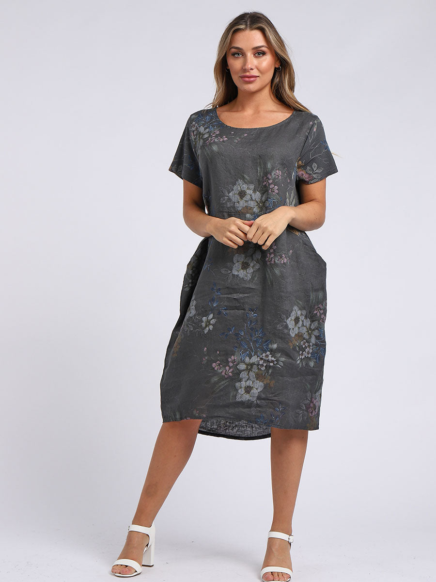 Floral Linen Dress Charcoal