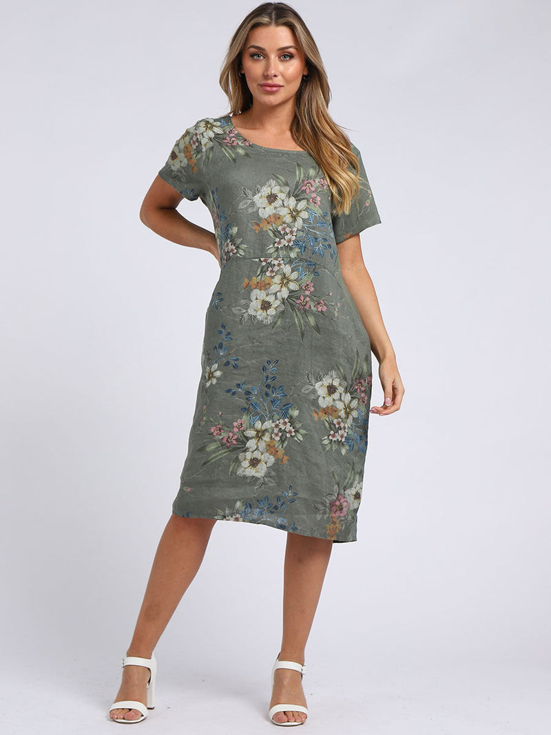 Floral Linen Dress Khaki