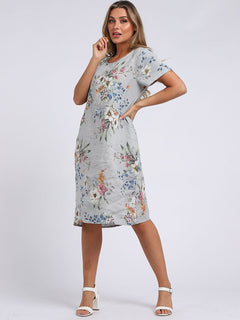 Floral Linen Dress Light Grey