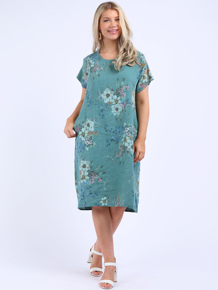 Floral Linen Dress Ocean Blue
