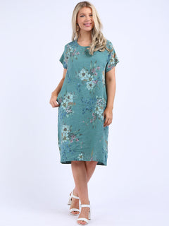 Floral Linen Dress Ocean Blue