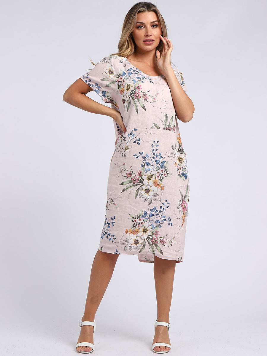 Floral Linen Dress  Pink