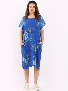 Floral Linen Dress Royal Blue