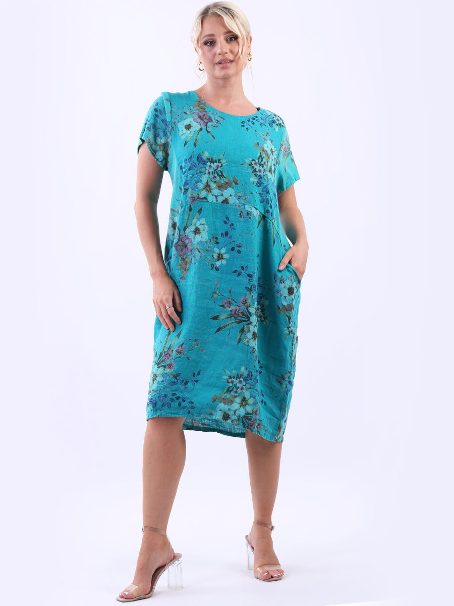 Floral Linen Dress Teal