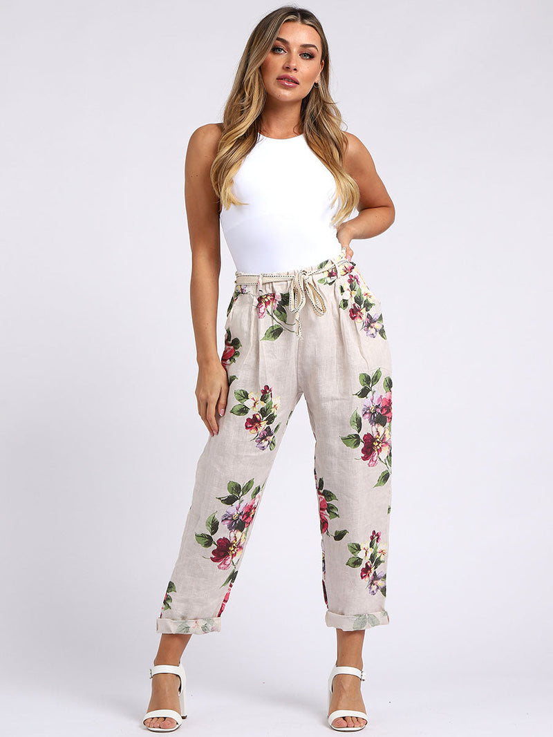 Floral Linen Trouser Beige