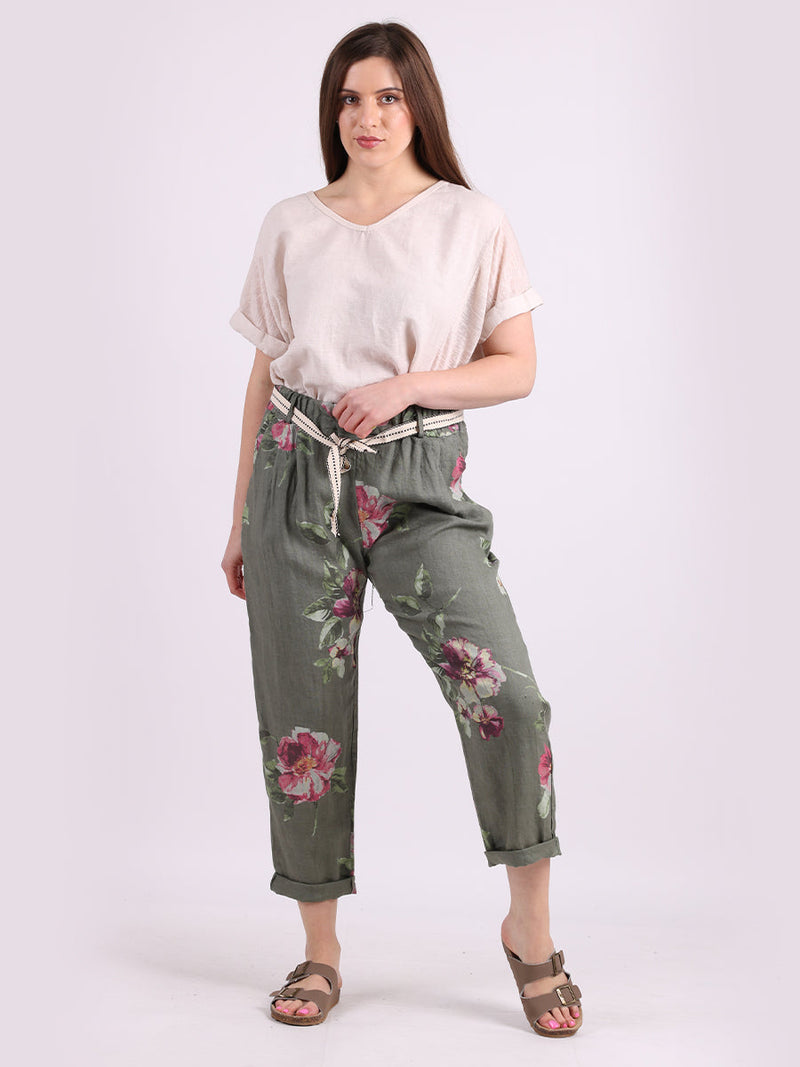 Floral Linen Trouser Khaki