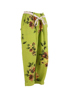 Floral Linen Trouser Lime Green