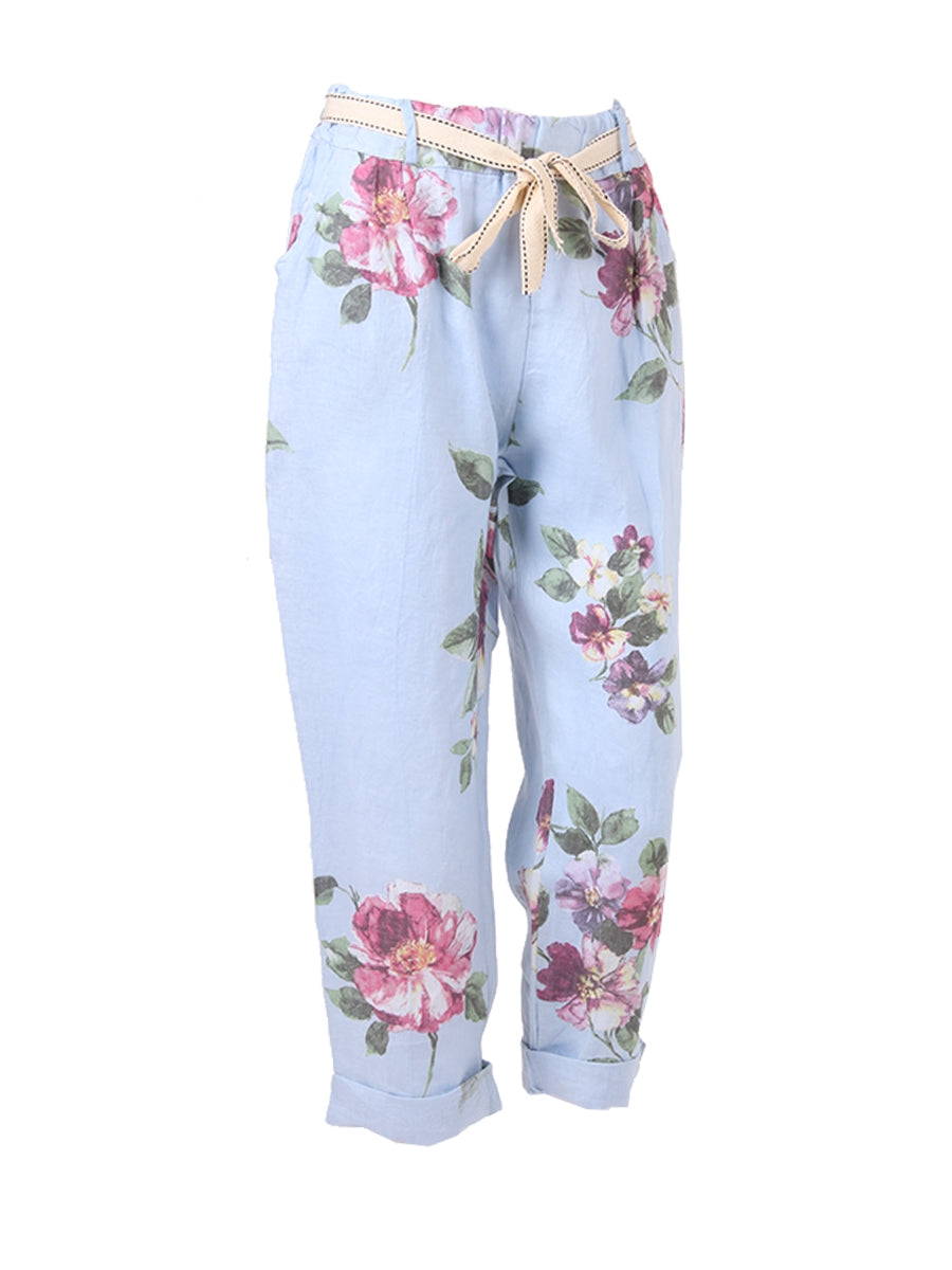 Floral Linen Trouser sky Blue