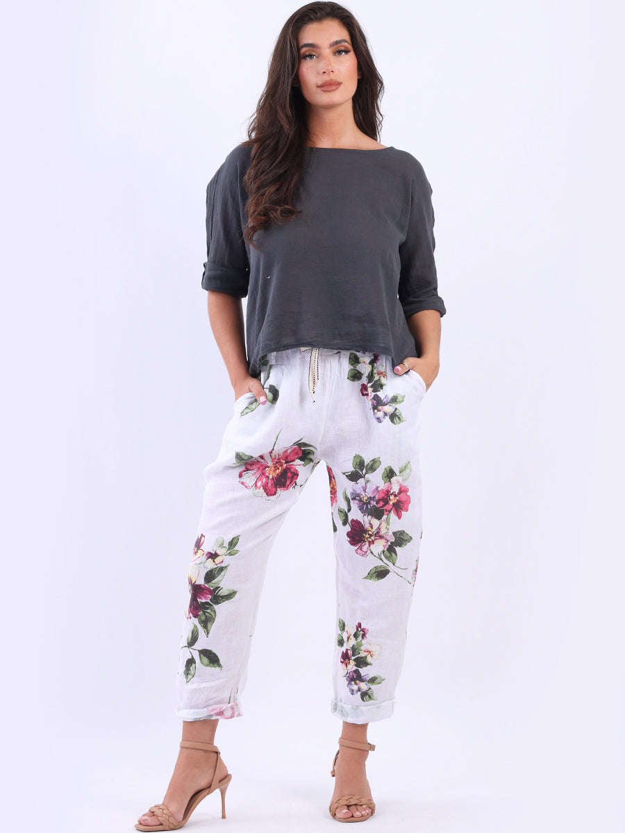 Floral Linen Trouser White