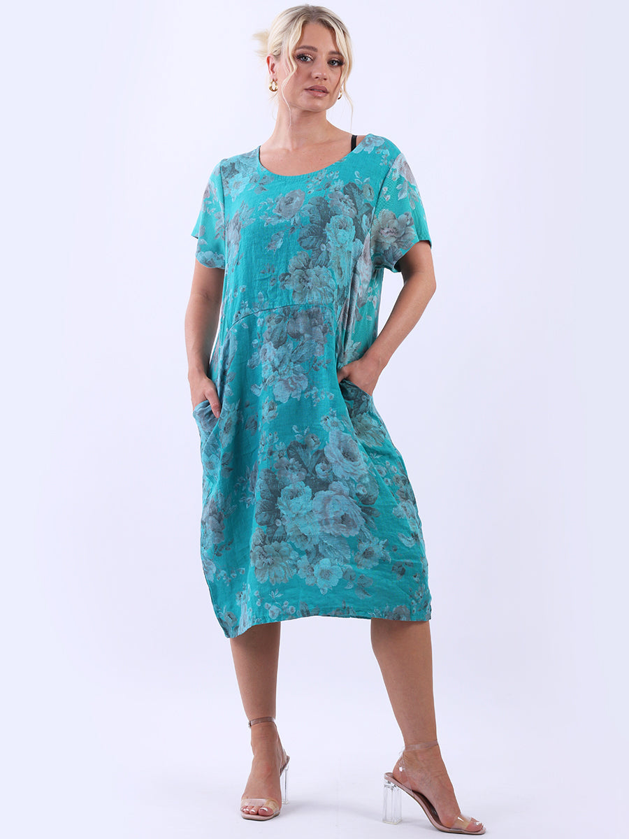 Women Floral Shift Dress Teal