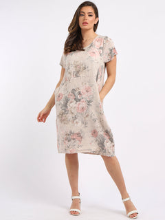 Women Floral Shift Dress Beige