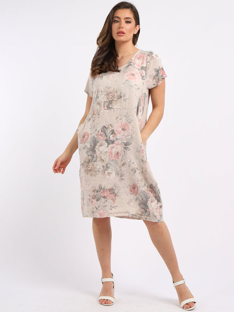 Women Floral Shift Dress Beige
