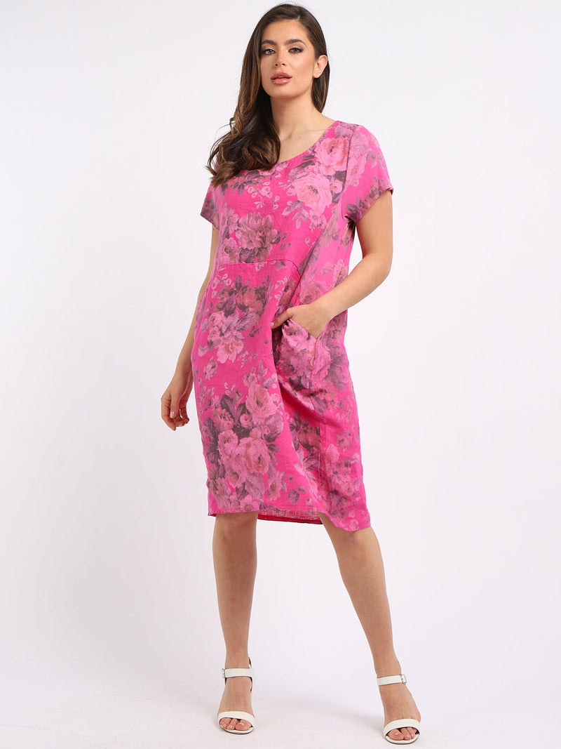 Women Floral Shift Dress Fuchsia