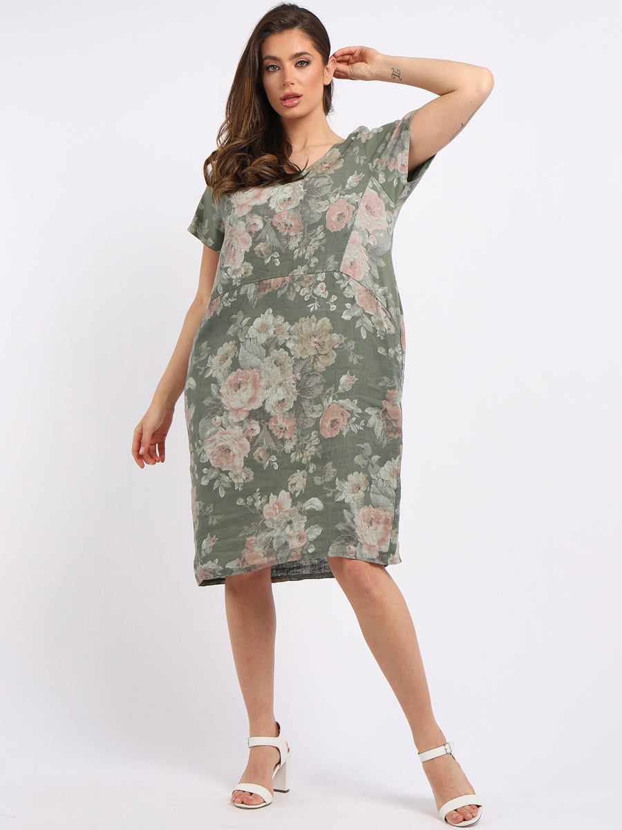 Women Floral Shift Dress Khaki