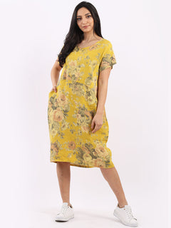 Women Floral Shift Dress Mustard