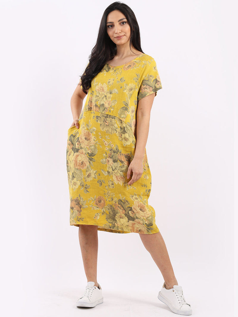 Women Floral Shift Dress Mustard