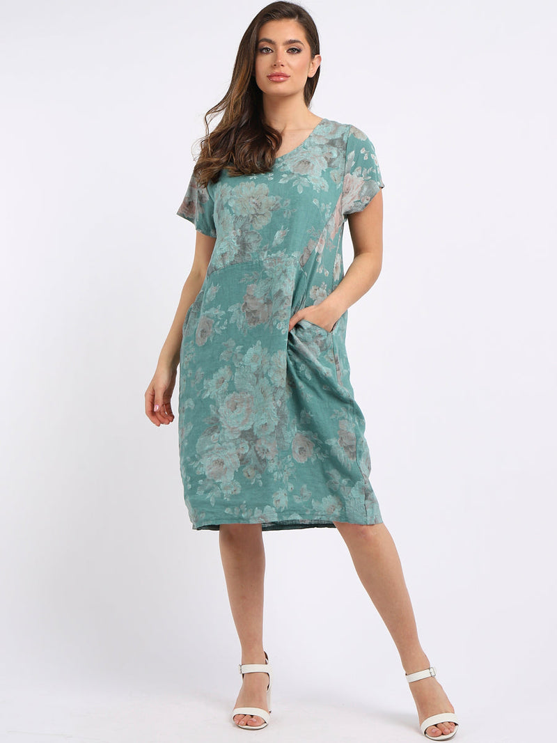 Women Floral Shift Dress Ocean Blue