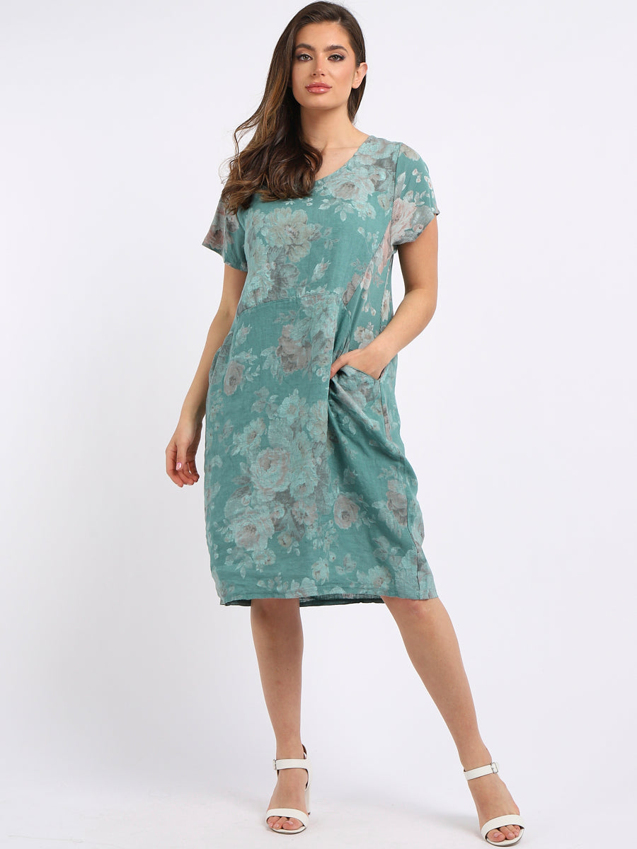 Women Floral Shift Dress Ocean Blue