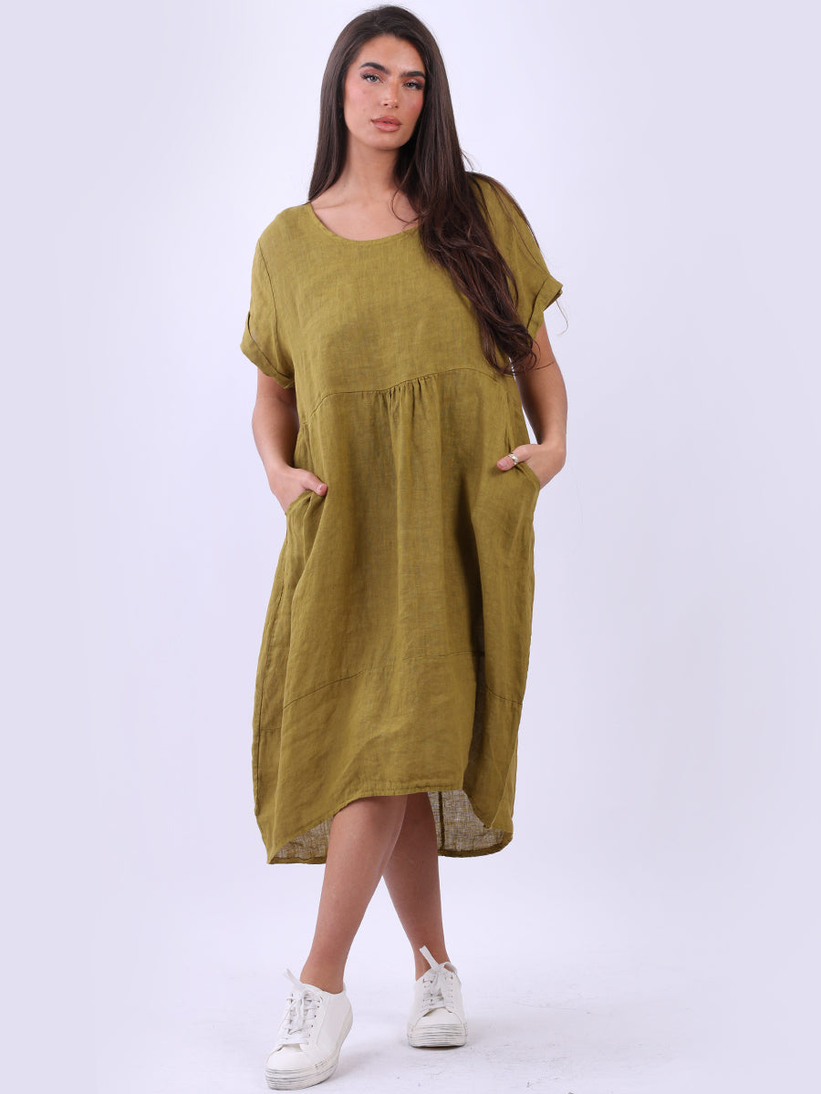 Plain Linen Quirky Dress Lime Green