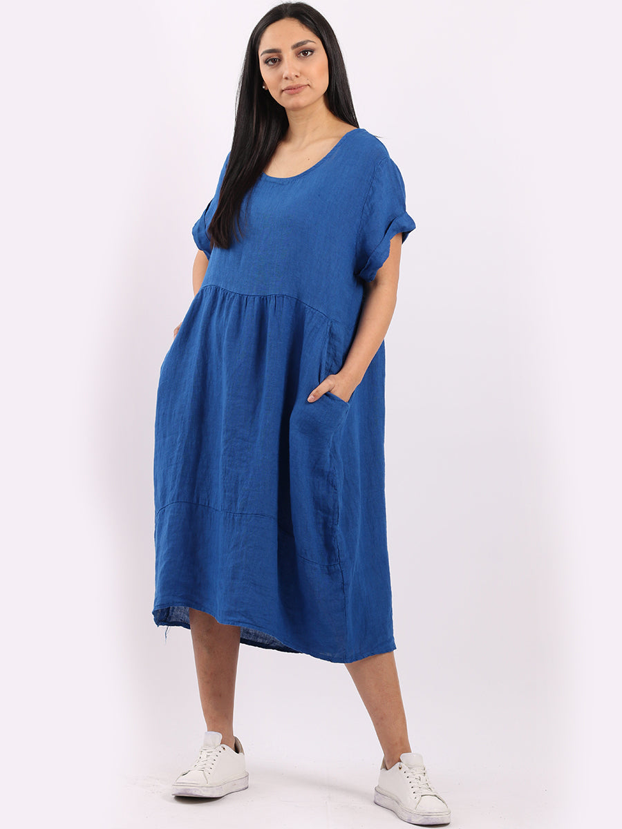 Plain Linen Quirky Dress Royal Blue