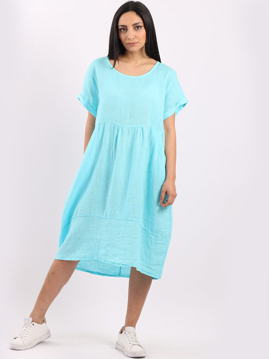 Plain Linen Quirky Dress Turquoise