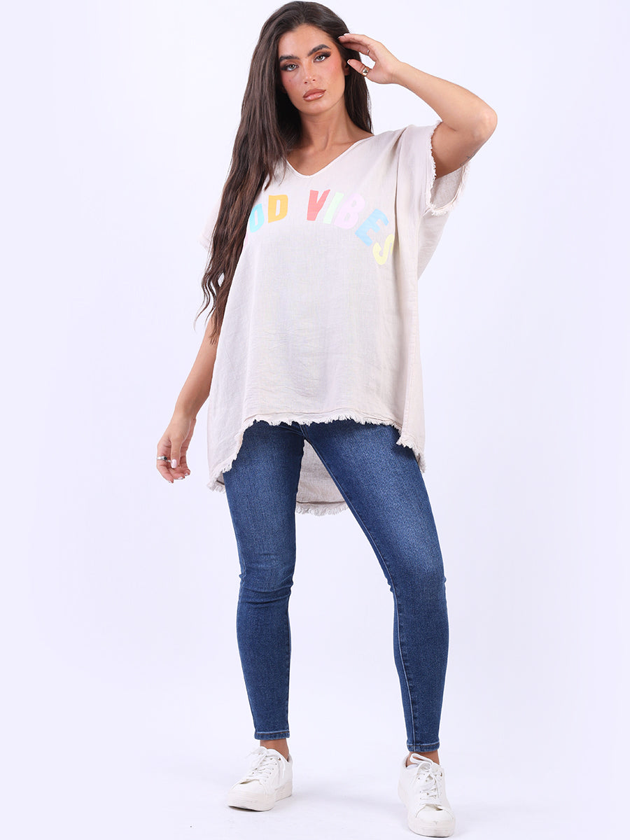 V-Neck Cotton Lagenlook T-Shirt Beige