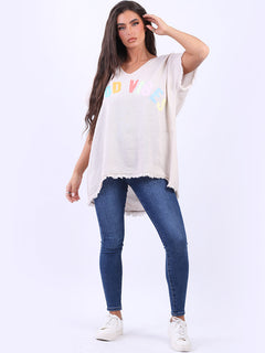 V-Neck Cotton Lagenlook T-Shirt Beige