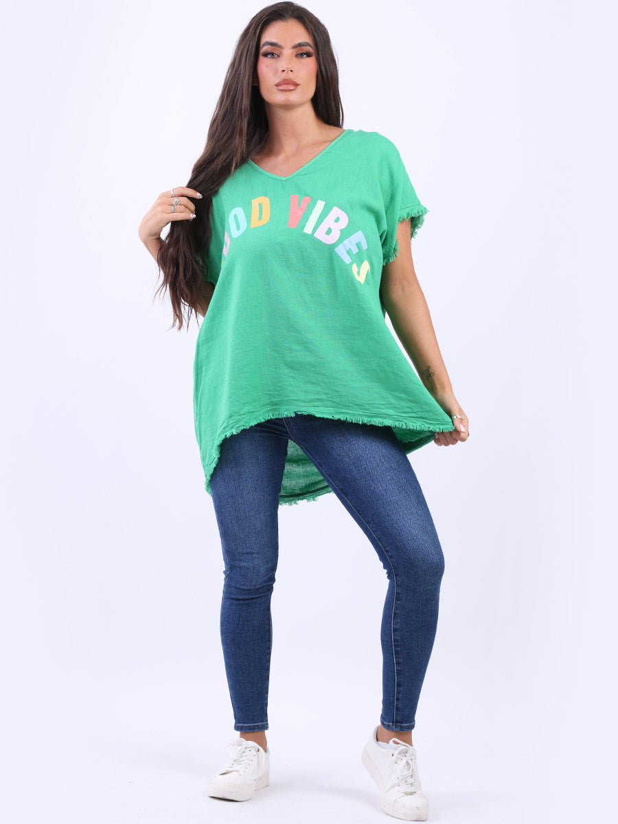 V-Neck Cotton Lagenlook T-Shirt Green