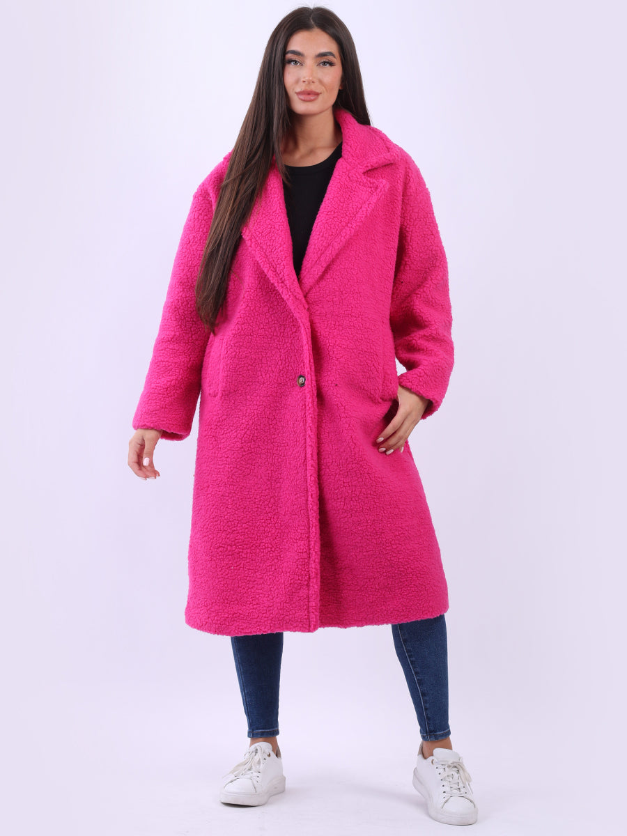 Teddy Bear Plus Size Woolen Coat Fuchsia