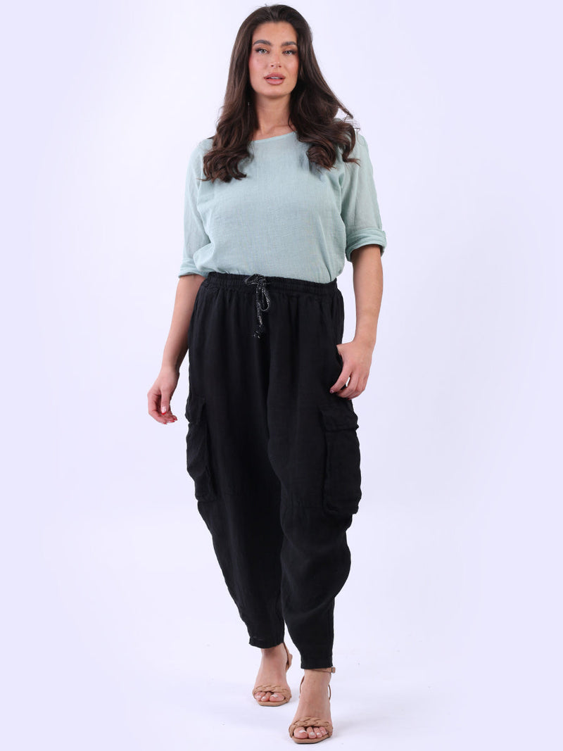 Linen Solid Cargo Trouser Black