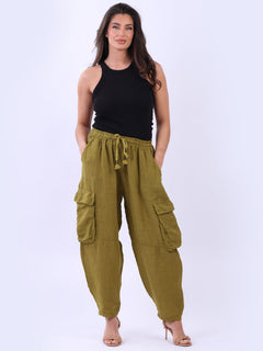 Linen Solid Cargo Trouser Olive