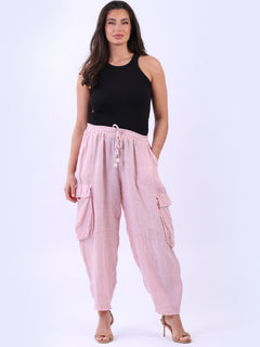 Linen Solid Cargo Trouser Pink