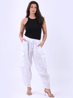Linen Solid Cargo Trouser White