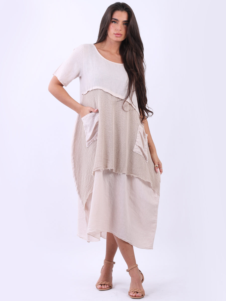 Mesh Net Linen Midi Dress Beige