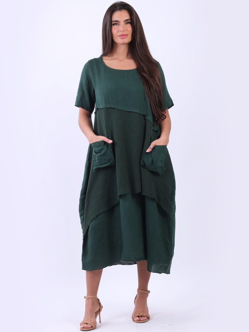 Mesh Net Linen Midi Dress Bottle Green