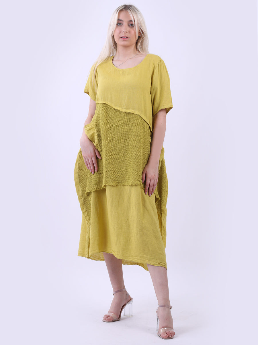 Mesh Net Linen Midi Dress Lime Green
