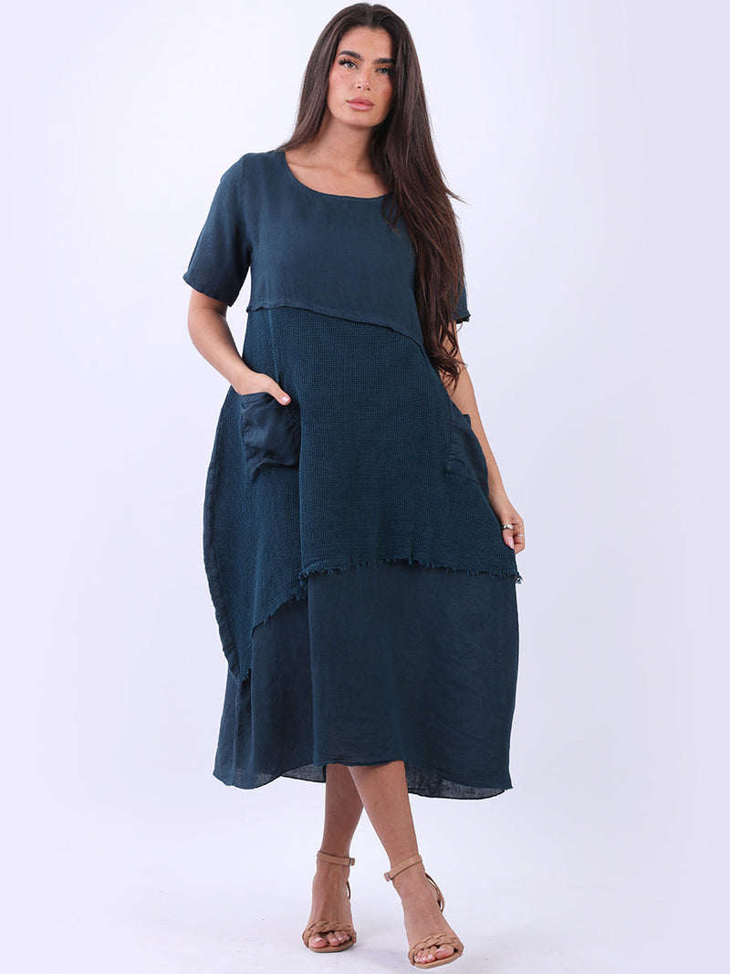 Mesh Net Linen Midi Dress Teal