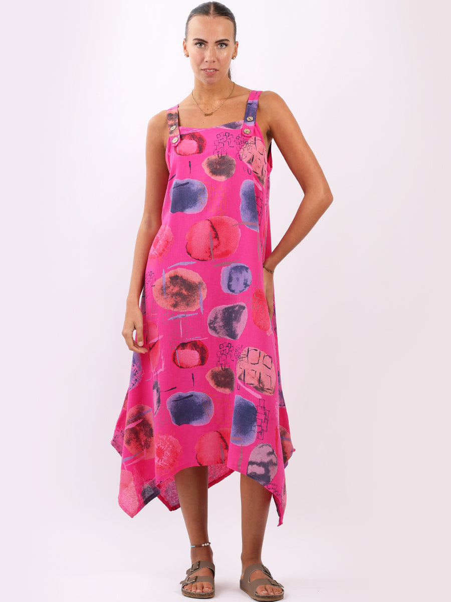 Multi Polka Dots Strappy Linen Dress Fuchsia