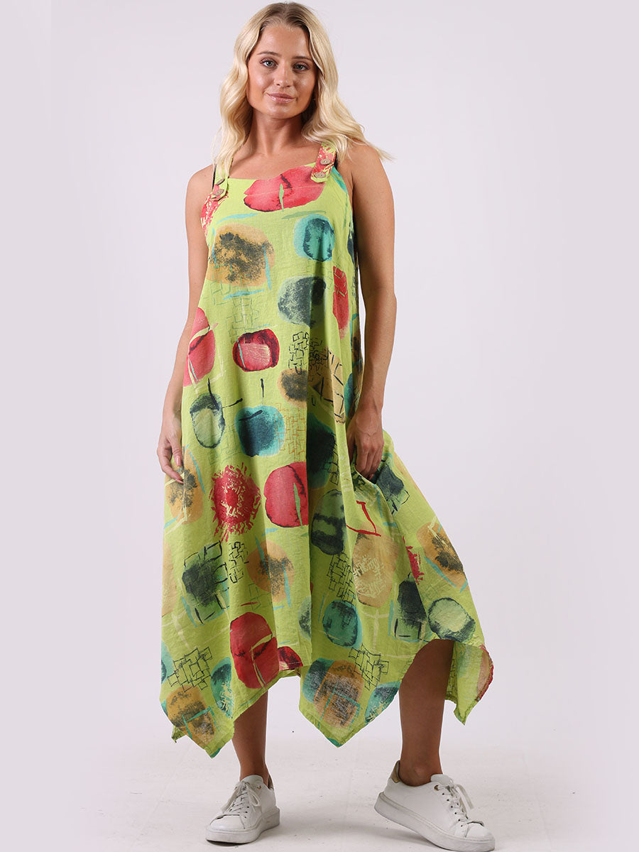 Multi Polka Dots Strappy Linen Dress Lime Green