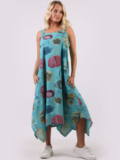 Multi Polka Dots Strappy Linen Dress Teal
