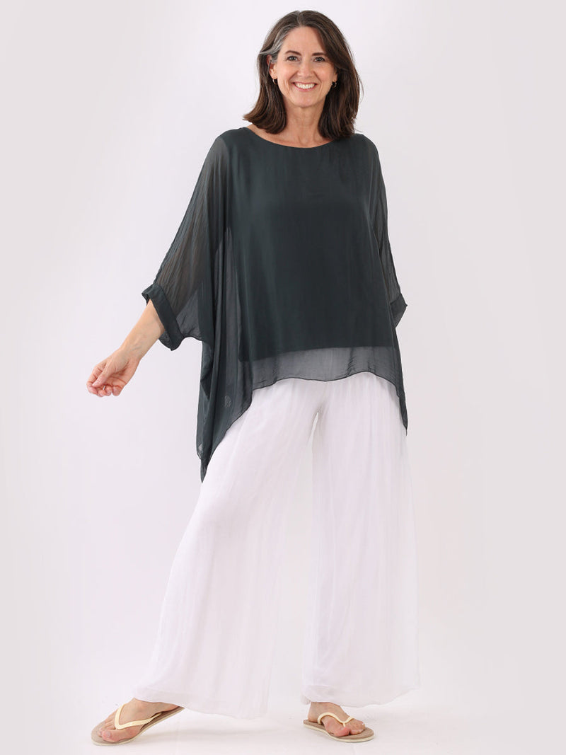 Plain Batwing Silk Top Charcoal