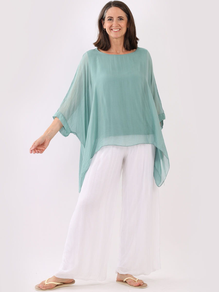 Plain Batwing Silk Top Ocean Blue
