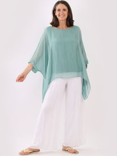 Plain Batwing Silk Top Ocean Blue
