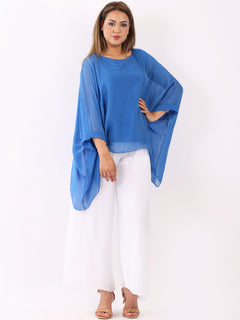 Plain Batwing Silk Top Royal Blue