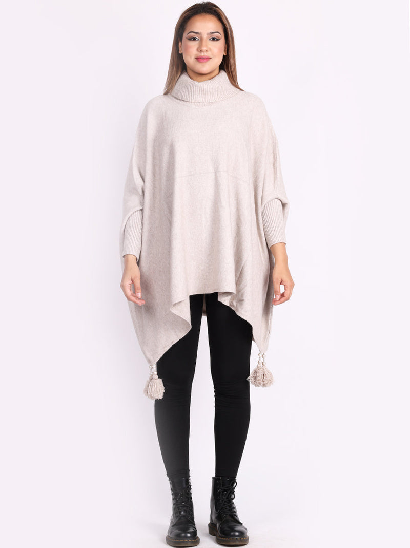 Plain Batwing Tessels Poncho Beige