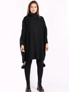 Plain Batwing Tessels Poncho Black