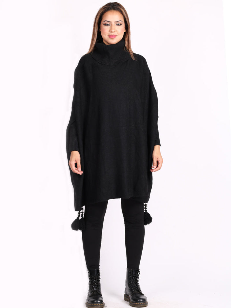 Plain Batwing Tessels Poncho Black